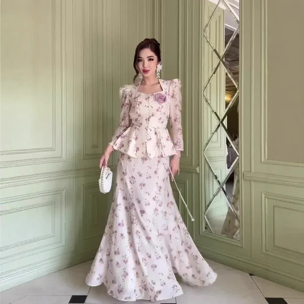 

Long Skirt Suit Women Elegant French Office Lady Suit Spring Sweet Floral Printed Square Collar Long Sleeves Top and Wrap Hip