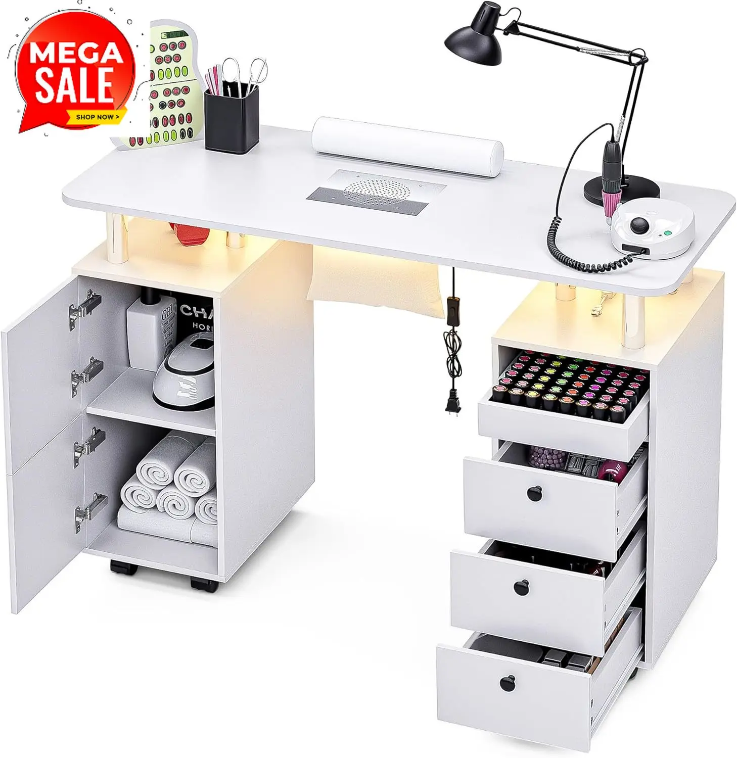 Nail Desk for Nail Tech w/Electric Dust Collector, Rolling Manicure Table w/Lockable Wheels, Storage Drawers, Wrist Cushion, Ace