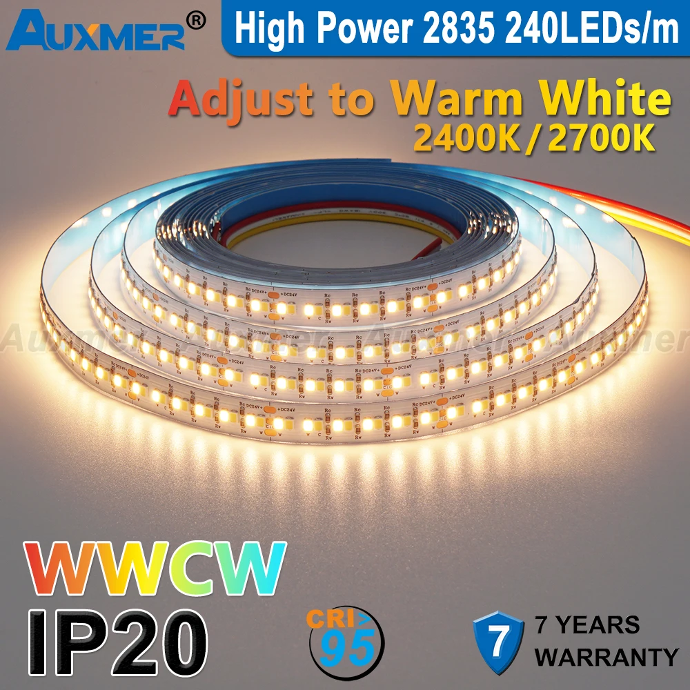 Auxmer 2835 WWCW LED-Streifenlichter, 120 LEDs/m, 240 LEDs/m, CRI>95 Superhelle Flex-LED DC12/24 V, 5 m/Rolle, CCT 2400 ~ 6500 K, IP20, 3SDCM