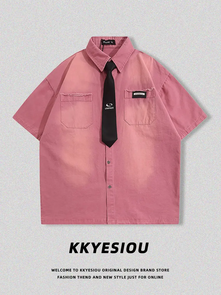 

Рубашка KKyesiou в американском ретро-стиле с коротким рукавом, розовая, в университетском стиле, с отложным воротником, летняя модная.
