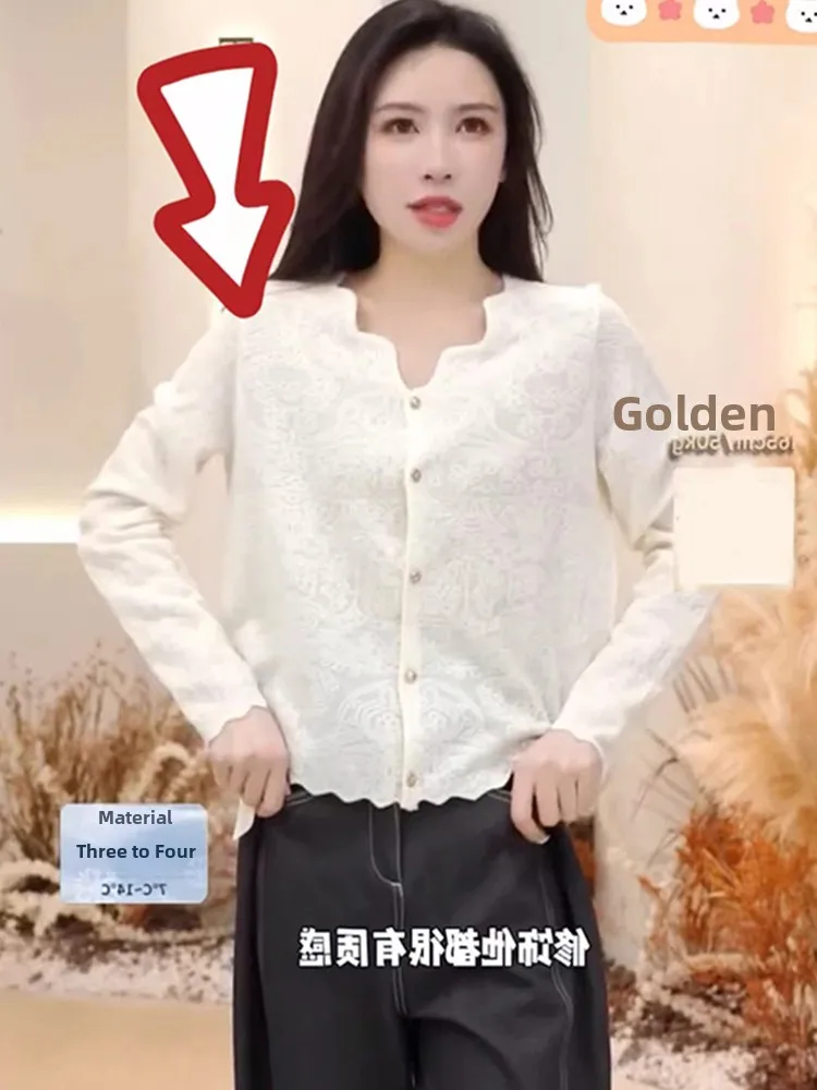 

Wavy V-Ne Knitted Open Cardigan Long Sve Faionable Age-Defng Single Buttoned Top Spring New Sle Korean Version