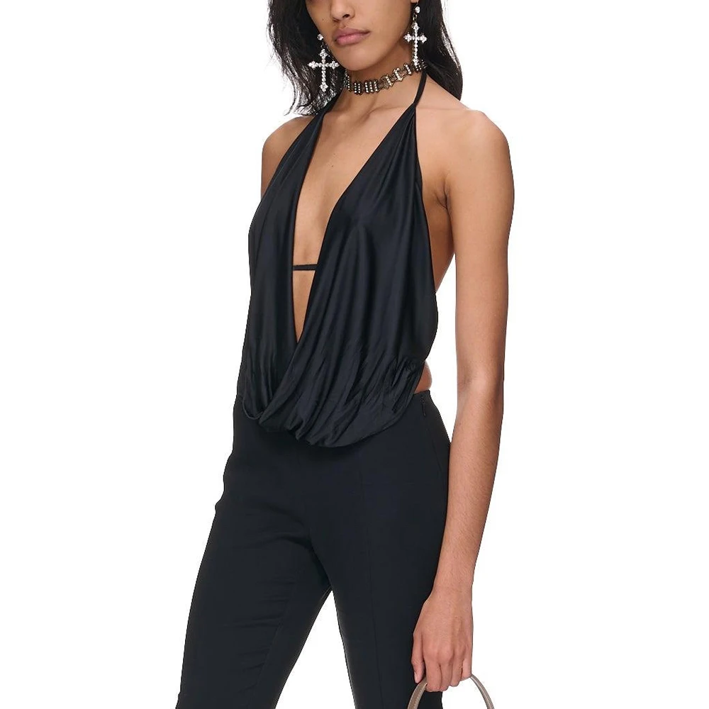 Women's Deep V Swing Neck Hanging Neck Tie Backless Bodysuit, Casual Peplum Swimsuit Tops, Spring and Summer, New, Y2k, 2024