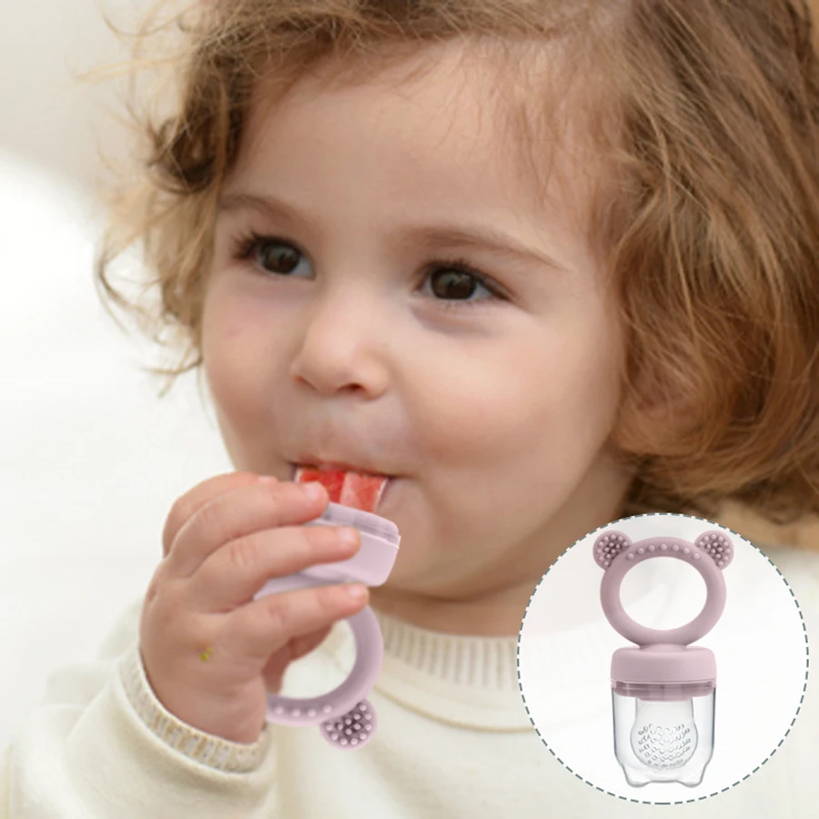 Ciuccio per bambini mangiatoia per frutta con coperchio capezzolo per neonato in Silicone cibo per frutta fresca succhietto per l'alimentazione di verdure giocattoli per massaggiagengive per bambini