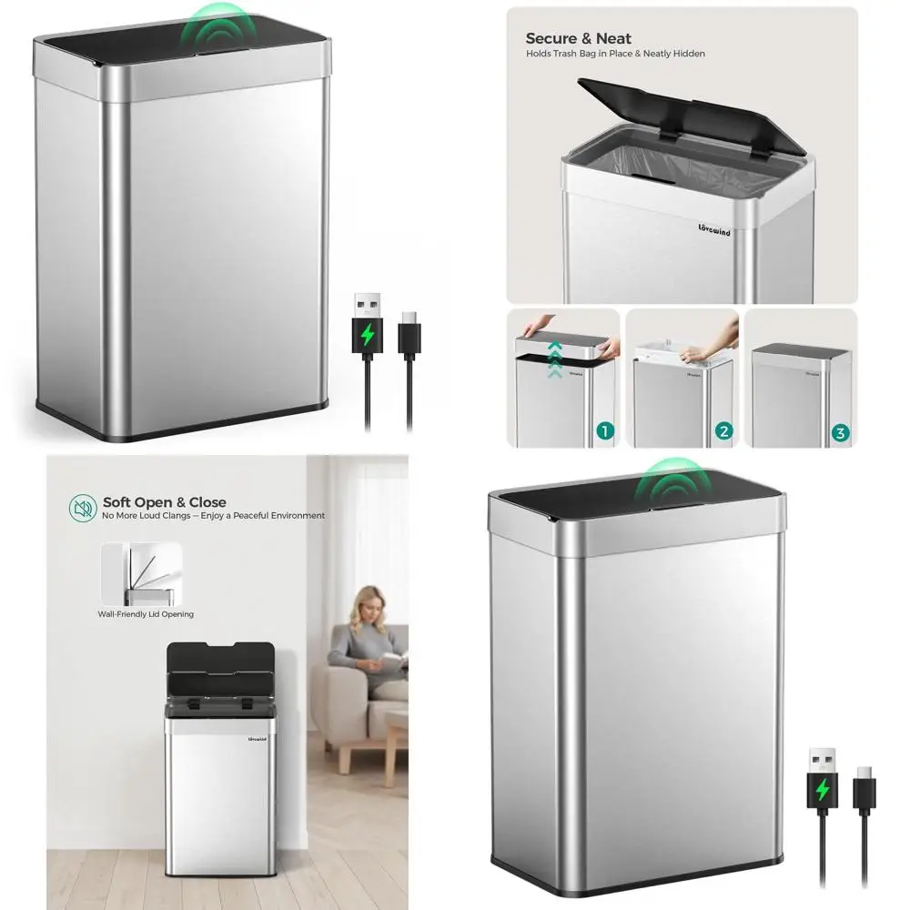 

13 Gallon Stainless Steel Automatic Motion Sensor Trash Can with Rechargeable Type-C, Silent Closing, for Kitchen Use