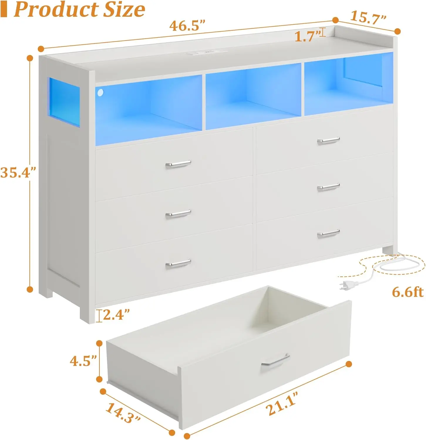 Commode blanche pour chambre à coucher, commodes LED, commodes de proximité avec multiprise, commodes modernes, rangement large pour