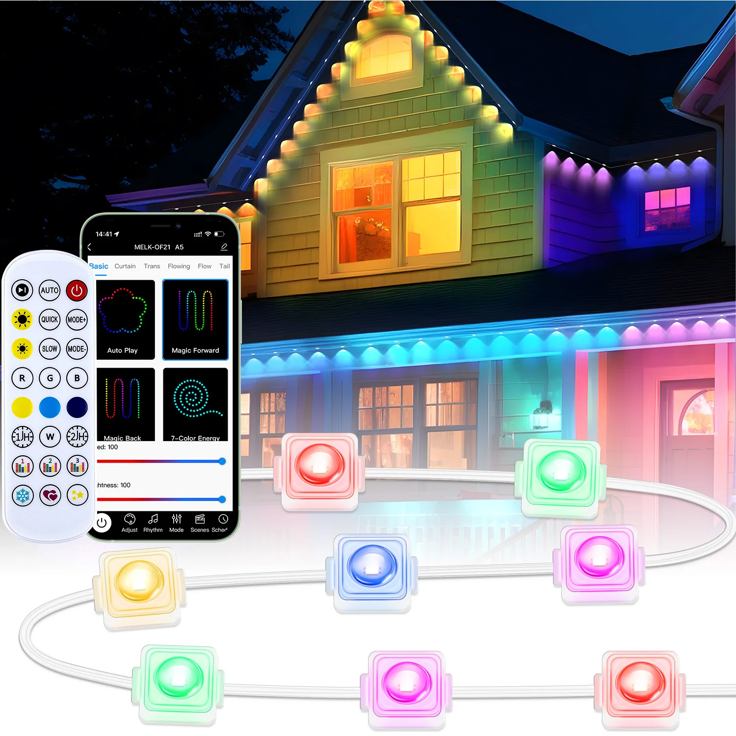 10M/15M/30M Eaves Lighting Outdoor Smart Rainbow Led Permanent DIY Remote Control Waterproof RGB String Light Christmas Decor