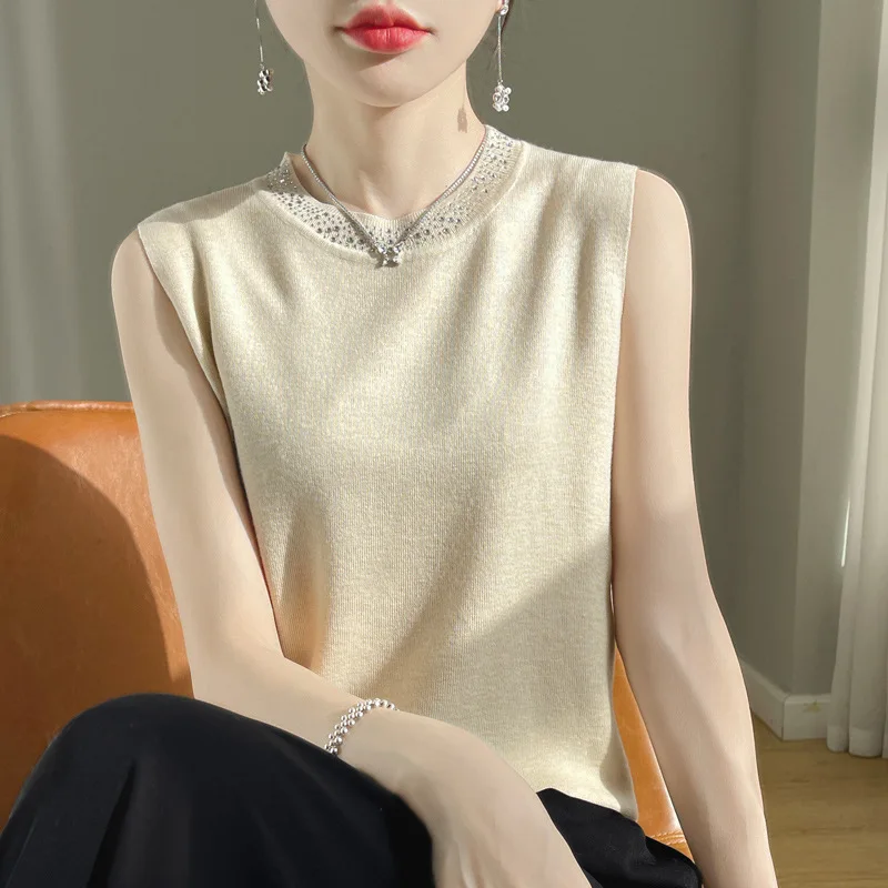 Fahion Women Tank Top 2026 Spring Summer Beading O-neck Sleeveless Tank Tops Innerwear Korean Bottoming Knitted Womens Tank Tops