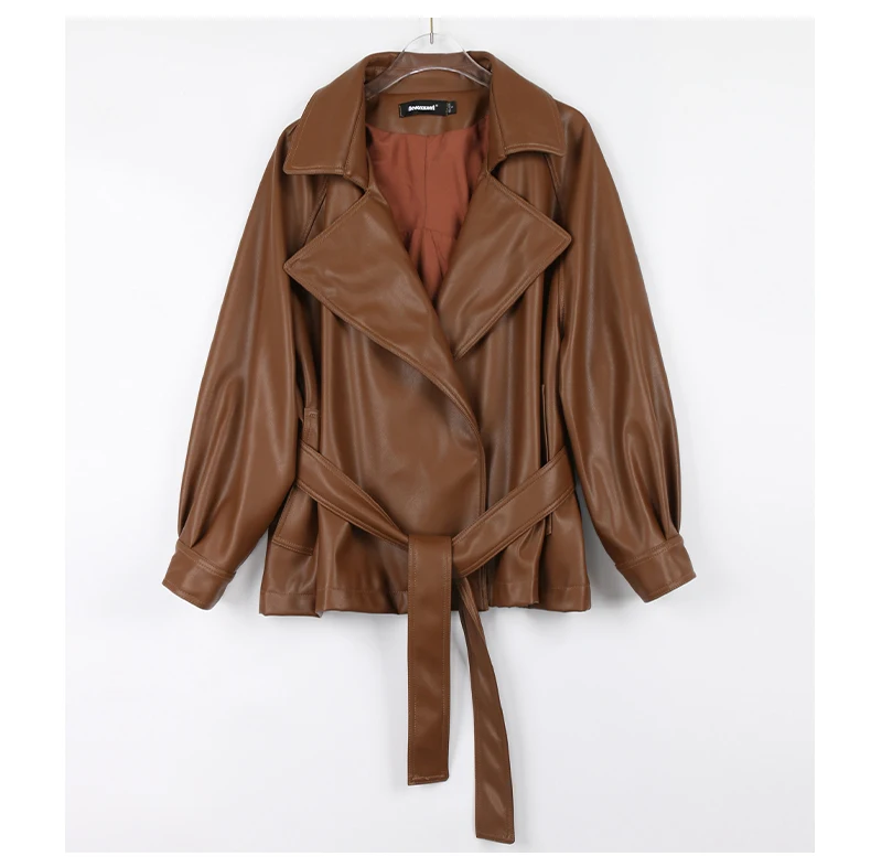 Mauroicardi Spring Short Fitted Brown Soft Lightweight Pu Leather Jacket Women Raglan Sleeve Sashes Black Fall Clothes 2025