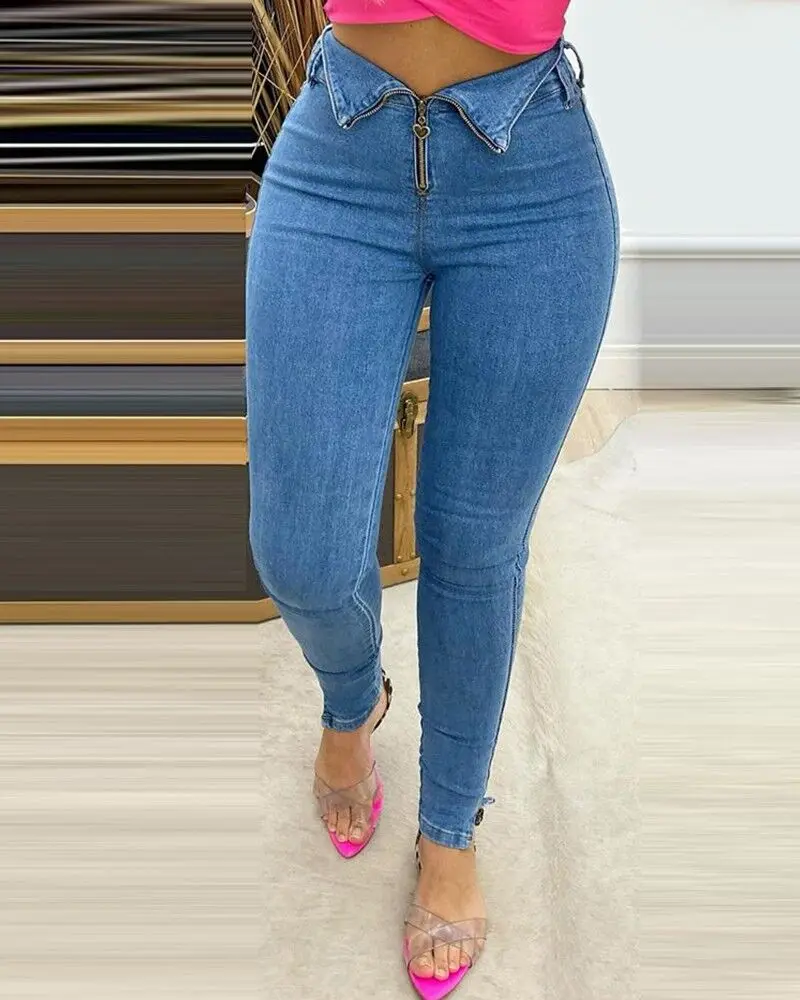 Y5174 New European and American Fashion Casual Versatile Blue Zipper Denim Slim Fit Pants