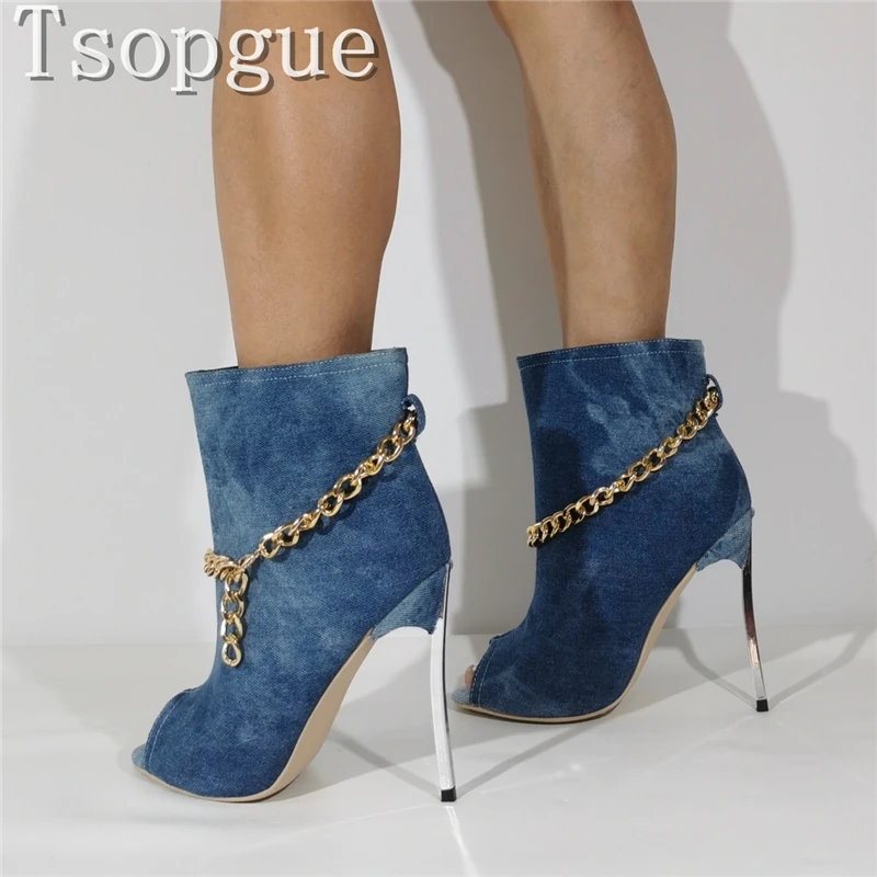 

Blue Denim Chains Decor Stiletto Ankle Boots Women Autumn New Fashion Peep Toe Metal Thin High Heel Short Boots
