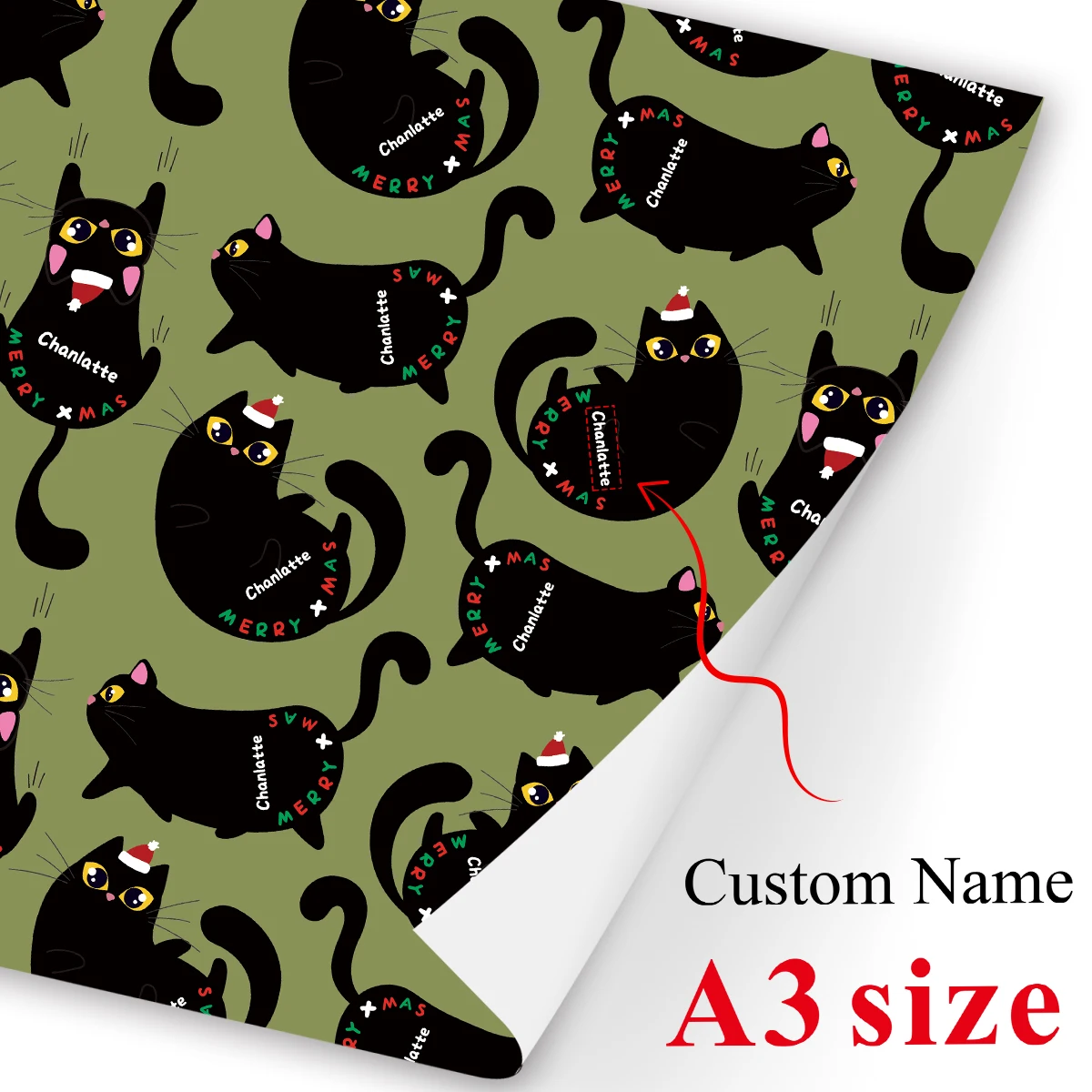 3 Blatt individuelles Namens-Weihnachtspapier – schwarzes Katzen-Design, Dekorpapier für Geschenkbox-Verpackung, grüner Hintergrund zum Basteln, Geburtstag, Party