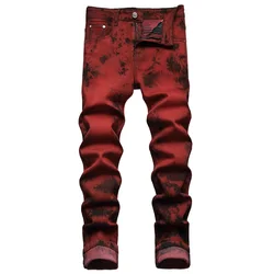 Men Tie and Dye Stretch Denim Jeans Brick Red Slim Straight Pants Streetwear Trousers
