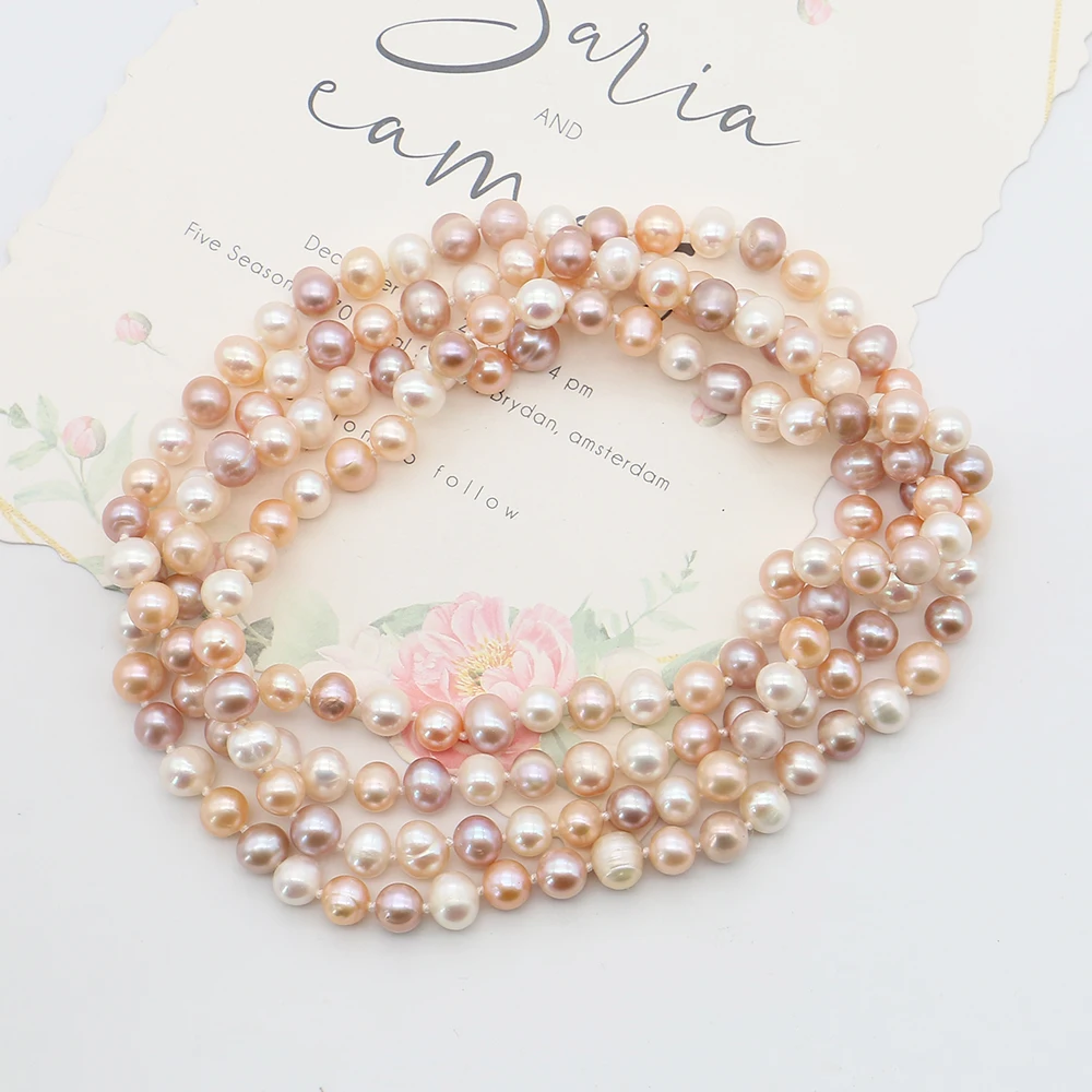 Mix-color Natural Baroque Pearl Necklace Irregular Round Freshwater Pearl Neck Ornament Gift 120cm Length Long Beaded Jewelry