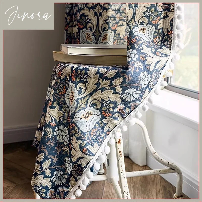 New Chinese Tangled Print Blackout Cotton And Linen Vintage Blue Curtains For Living Dining Room Bedroom Print American
