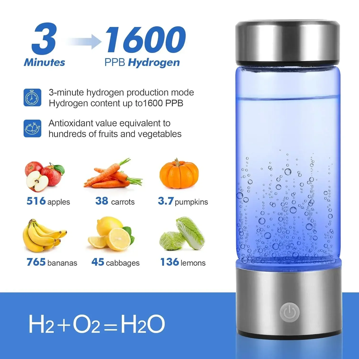 Botella de agua de hidrógeno Ionizador de agua de hidrógeno portátil, generador de botella de agua de hidrógeno recargable