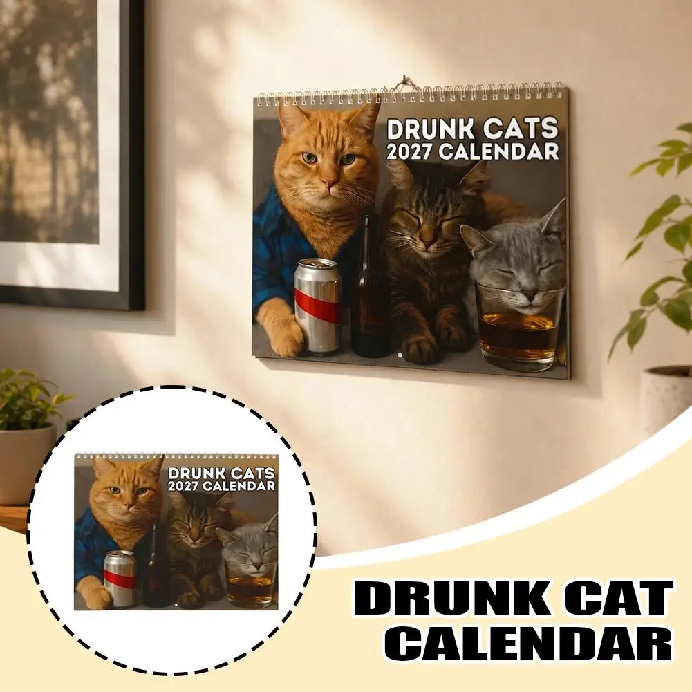 2027 Drunk Cats Wall Calendar 28×21cm Paper Hanging Calendar, 12‑Month Funny Cat Artwork Monthly Planner, Quirky Pet Theme Wall