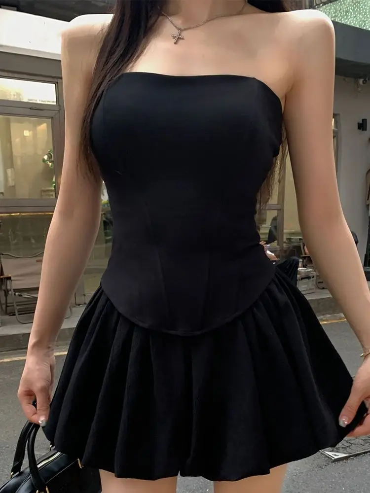 

Sexy A-Line Flower Bud Culottes Set Summer Strapless Women Slim Fit Off Shoulder 2-piece Set Casual Party Female Mini Skirt Suit