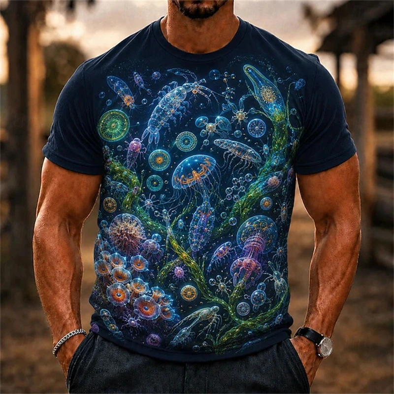 Fashion Marine Life Graphic Men's Summer 3D Printed Crew Neck T Shirt, Glowing Jellyfish Coral Deep Sea Fantasy Ocean Daily Top
