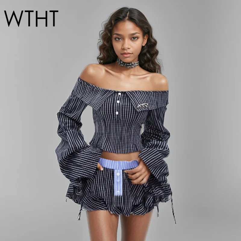 

WTHT New Fashion Women's Off-shoulder Long Sleeves Striped Shirt Patchwork Elastic Waist A-line Skirts Female 2025 Spring 1LS945