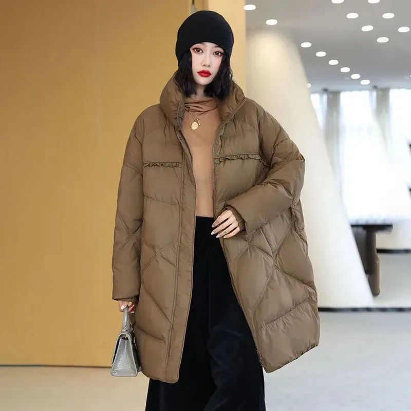 New Oversized Women\'s 90% White Duck Down Coat Winter Thick Warm Down Jacket Loose Snow Female Stand Collar Long Parker Overcoat