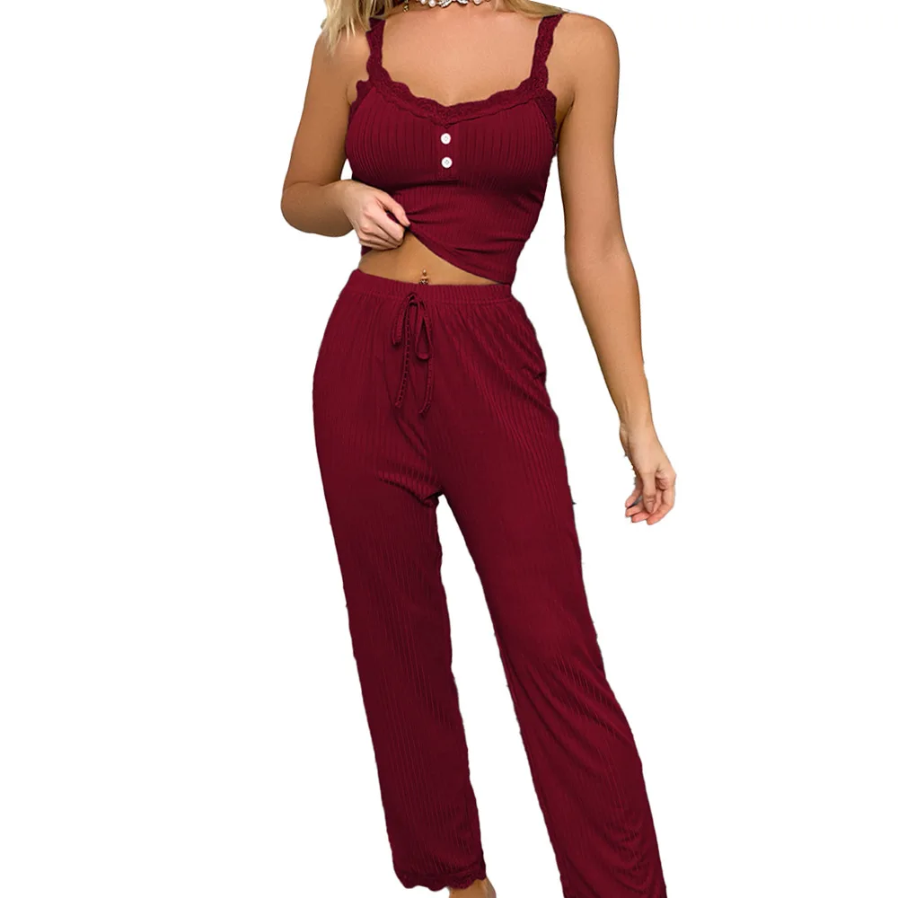 Casual Nightwear Women Summer Lace Slacks Sexy Ladies Homewear Two-piece Set