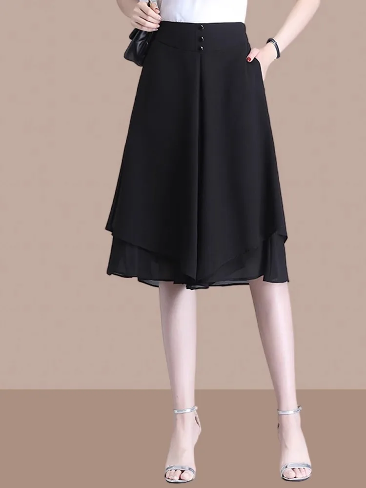 High Waist Wide Leg Pants Women's Summer Thin Skirt Pants Casual Loose Fit Tunic Top Asymmetrical Design Polyester Fiber