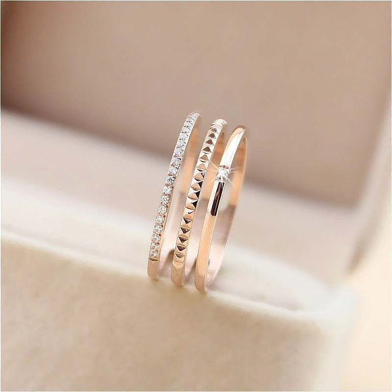 

3 in 1 High Quantity Stainless Steel Ring for Women Three-Layer Gold-Color White Cubic Zirconia Fashion Jewelry
