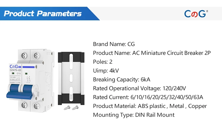 CG AC Miniatur-Leistungsschalter, 2-polig, 6 A, 10 A, 16 A, 20 A, 25 A, 32 A, 40 A, 50 A, 63 A, 120/240 V, thermischer magnetischer Auslöseschalter für DIN-Schienenmontage – Detail 4