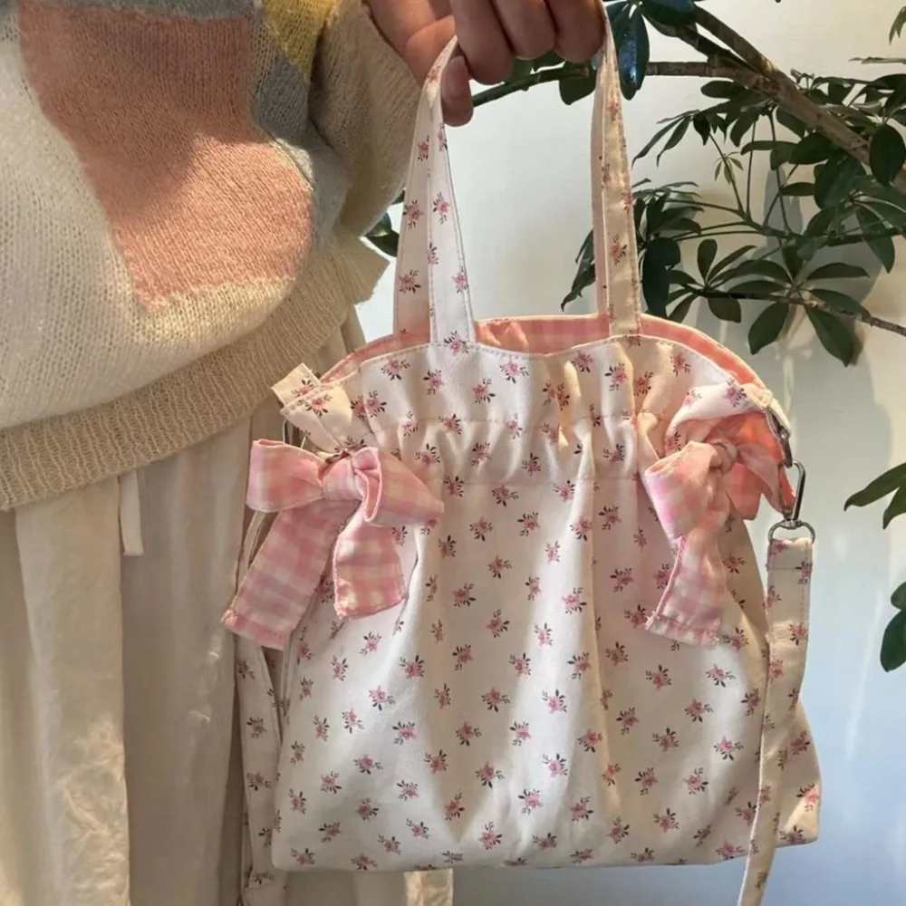 

Large Capacity Printed Tote Bag Fashion Sweet with Bowknot Storage Handbags Canvas Handbag