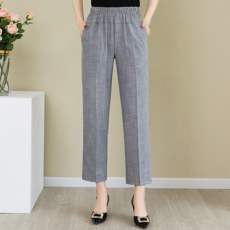 Summer Women Cotton Linen Pants High Waist Vintage Basic Black Pants Women's Summer Straight Elastic Waist Ankle-Length Trousers