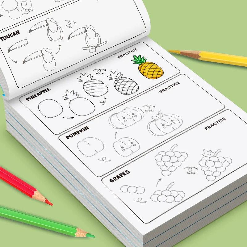 Fun Drawing Book Simple 4-step Tutorial on How To Complete Drawing 96 Cartoon Patterns Interactive Coloring Activity Book