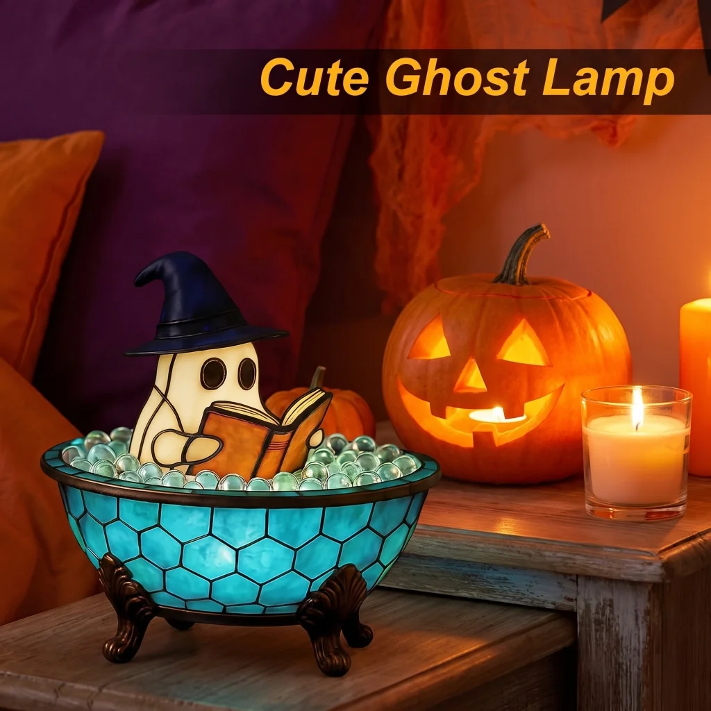 Halloween Ghost Bubble Bath Lamp USB Powered Resin Night Light Cute Ghost Bathtub LED Lamp Desktop Ornament for Bedroom Bathroom Living Room Home Holiday Party Decoration Creative Novelty Gift for Book Lovers