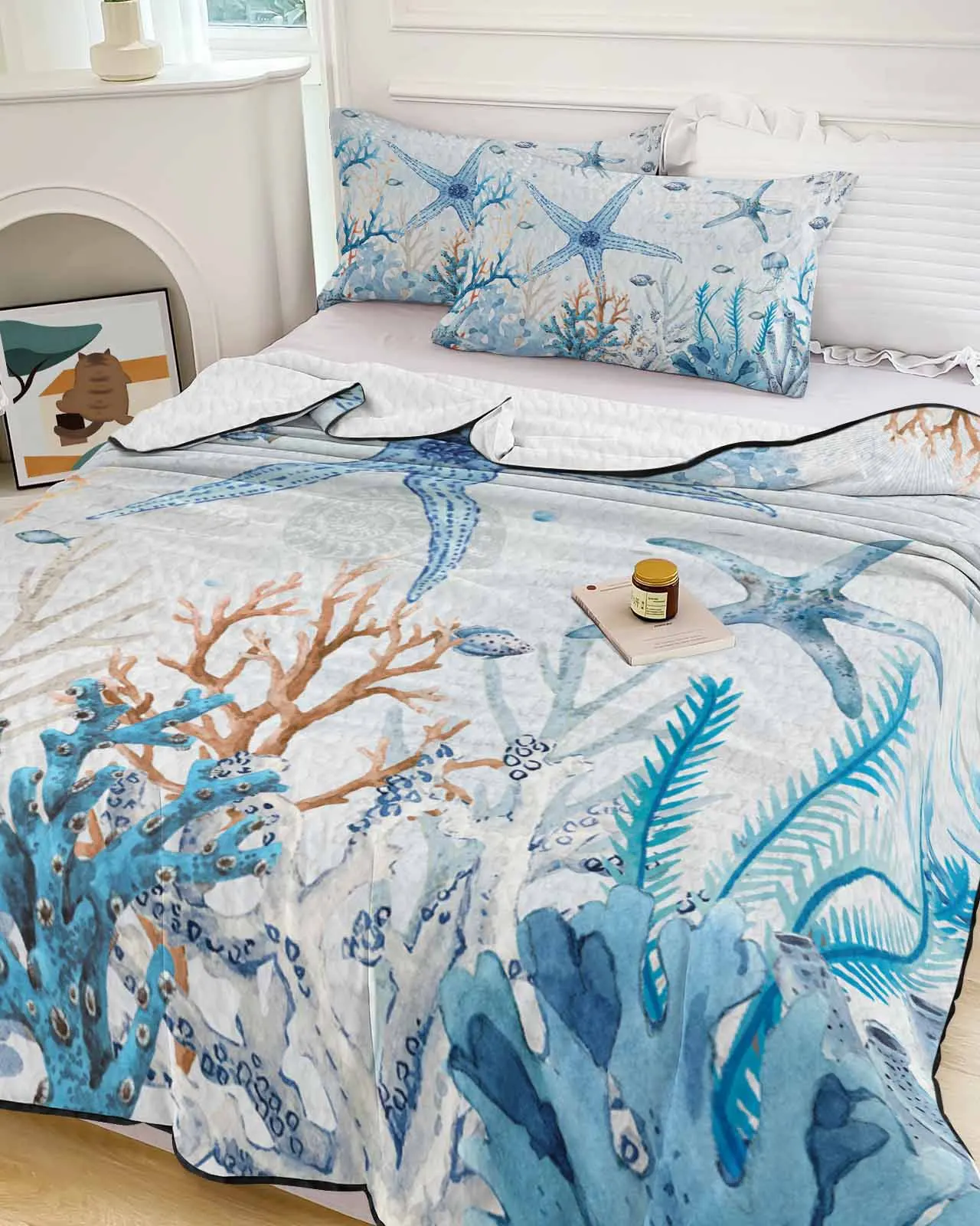 

Summer Ocean Coral Starfish Turtle Jellyfish Blue Cooling Blankets Air Condition Comforter Lightweight Summer Quilt Thin Quilt