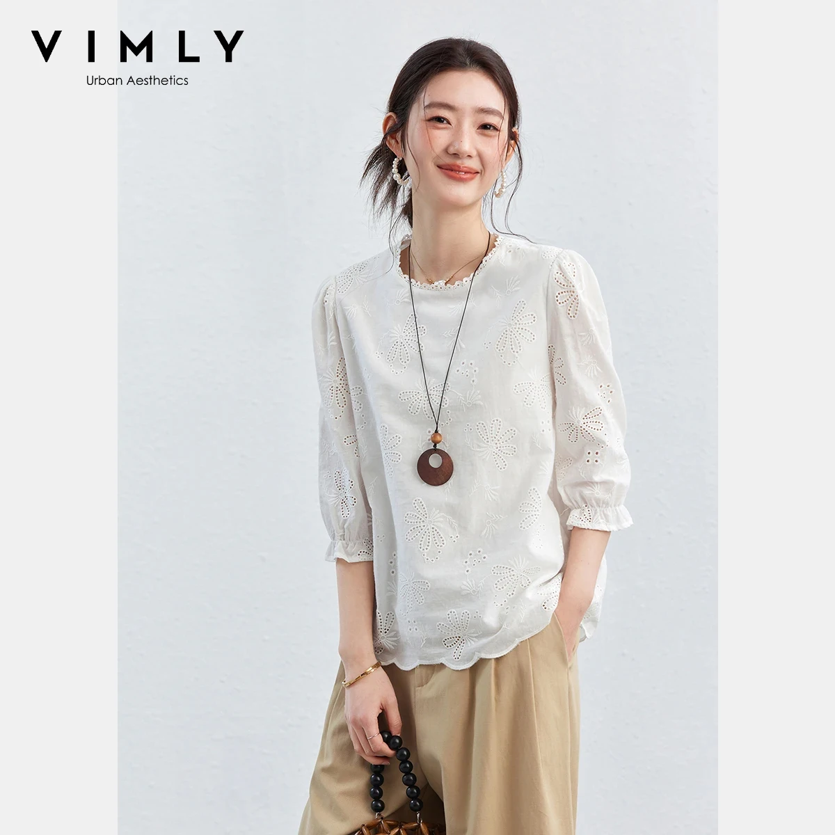 

VIMLY Women's 100% Cotton Shirt 2026 Spring New White French Casual Cut Out Embroidery Lace Trim Patch Puff Sleeve Blouse A3815