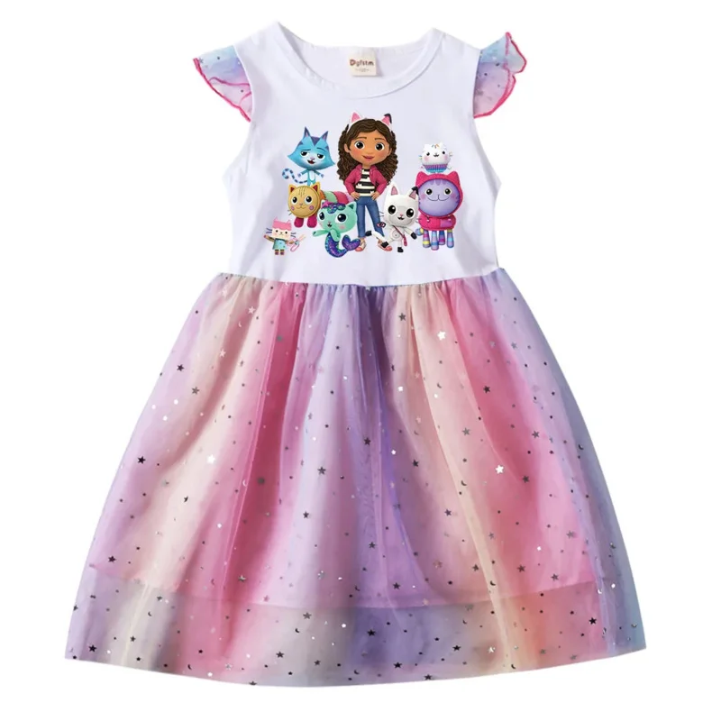 Casa de muñecas de Gabby, vestidos para niñas, ropa de gato Gabby para niños, disfraz de Cosplay, vestido informal con mangas voladoras + diadema + bolsa