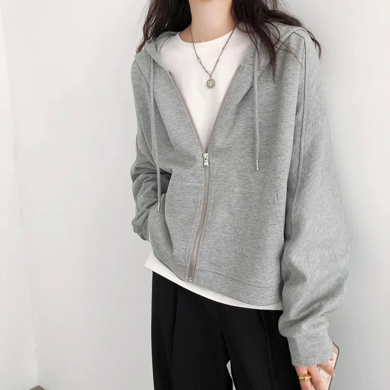 2026 Autumn New Hooded Sweatshirt Women Lightweight Long Sleeve Korean Style Loose Zip Up Jacket Student Sports Cardigan Spring
