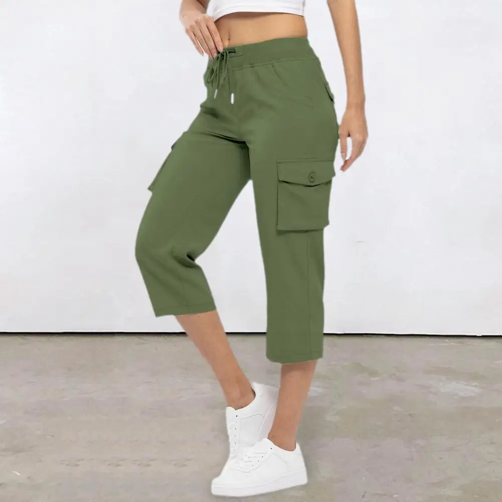 

High Waist Cargo Capris Pants Summer Casual Drawstring Solid Sweatpants Hiking Pants For Women Pockets Cropped Pants Trousers