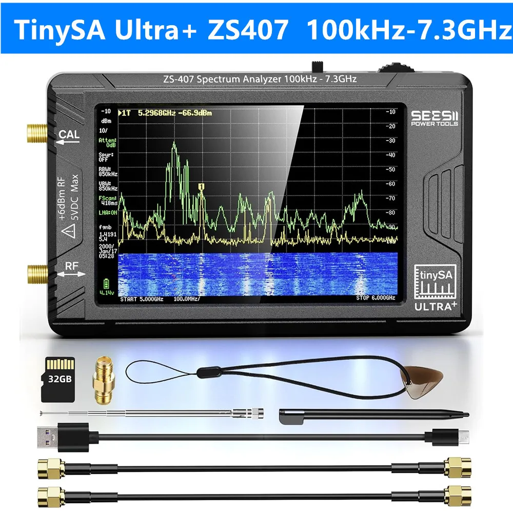 Analizzatore di Spettro SEESII TinySA Ultra+ ZS407 7.3GHz HW V0.5.4 100kHz-7.3GHz, Analizzatore di Frequenza Compatto 2-in-1 con Generatore di Segnali RF