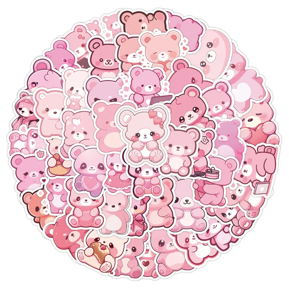 10/50Pcs Beautiful Kawaii Korean Pink Heart Bear Stickers Decorative Luggage Notebook Waterproof Non-repeat Girl Stickers Toy