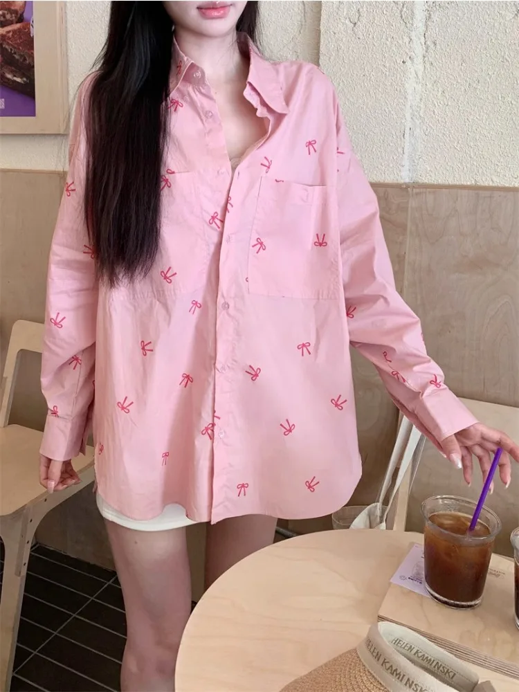 Kimotimo Pink Bow Print Long Sleeve Lapel Shirt Women 2024 Autumn New Sweet Loose Mid Length Cardigan Tops Korean Casual Blouse