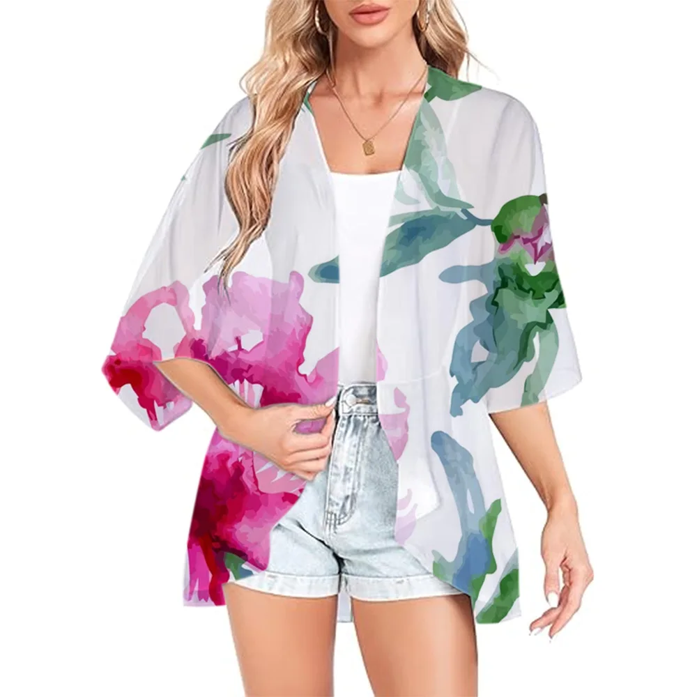 Women Boho Printed Kimono Beach Cover-Ups Fashionable Summer Open Front Chiffon Cardigan Loose Shirt Sleeve Shawl Capes Bohemia