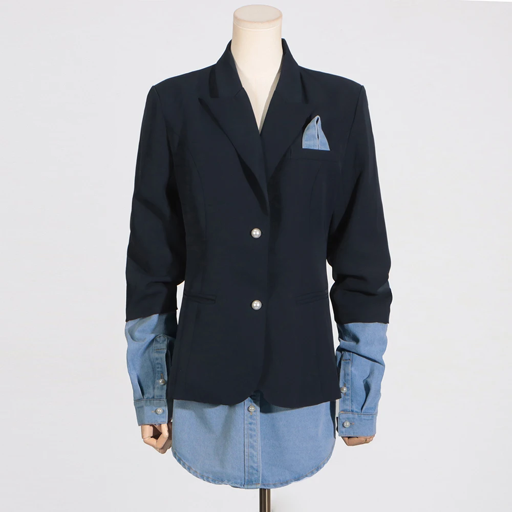 TWOTWINSTYLE Temperament Hit Color Patchwork Button Blazers For Women Notched Collar Long Sleeve Spliced Denim Blazer Female New