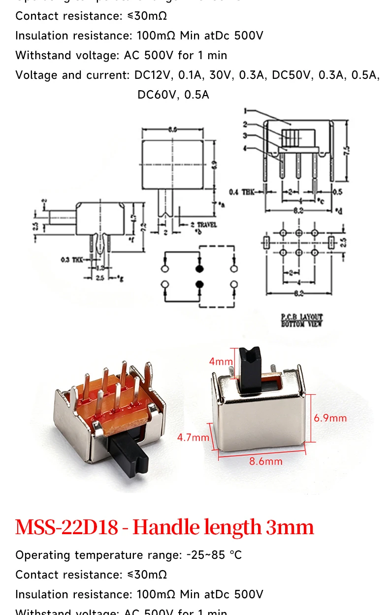 5 Stück Mini-SPDT-Schiebe-Kippschaltergriff 3/5mm MSS-22D018 SS-12D00 SK-22D07 MSK-12C02 SS-12F44 MSK23D19 - Elektronisches Bauteil – Detail 4