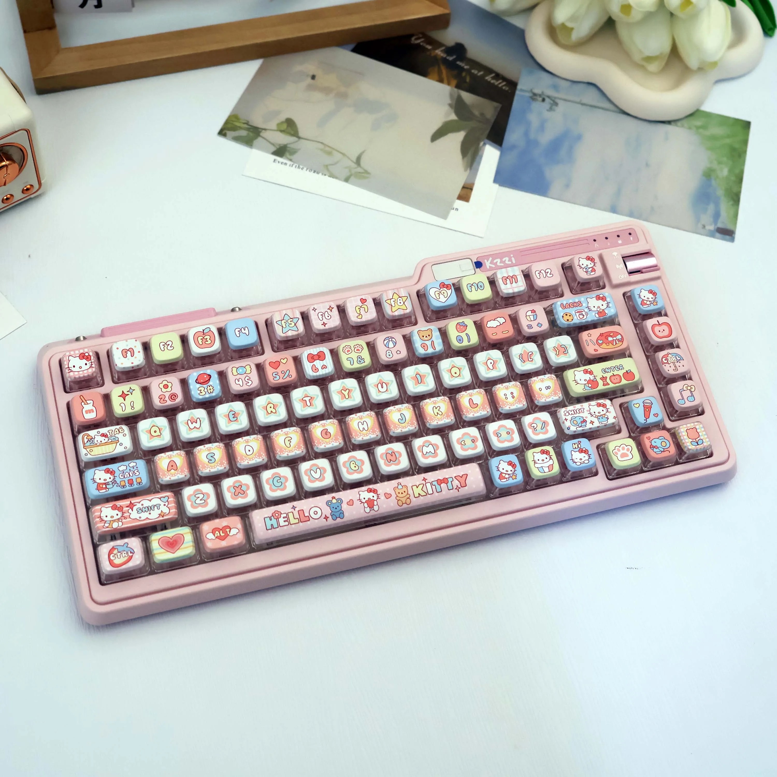 Teclas Hello Kitty Pudding, más de 120 teclas, patrón superior translúcido de 4 lados, juego de teclas mecánicas para teclado, teclado numérico, 60%, 75%, TKL, 96%, 100%