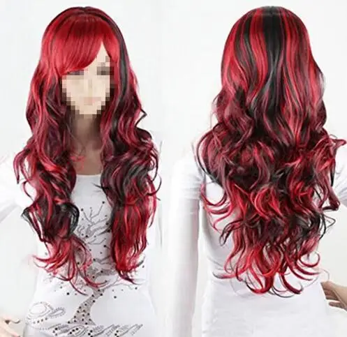 Fashion Wavy Wigs Red and Black Mix For Women Long Curly Hair Wigs Anime Cosplay