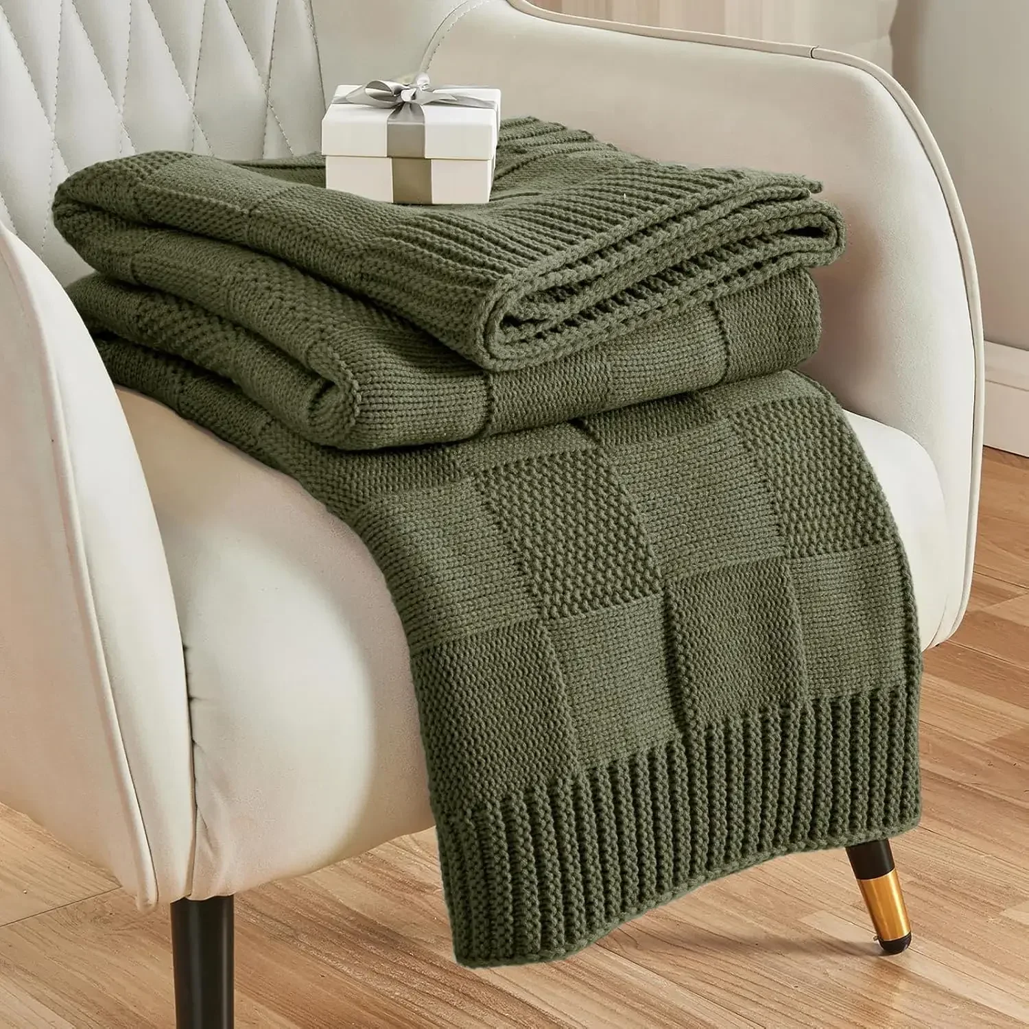 Knit Throw Blanket,Olive Green Checkered Throw Blanket for Couch,Soft Cozy Warm Knitted Throw Blanket for Bed Sofa Living Room