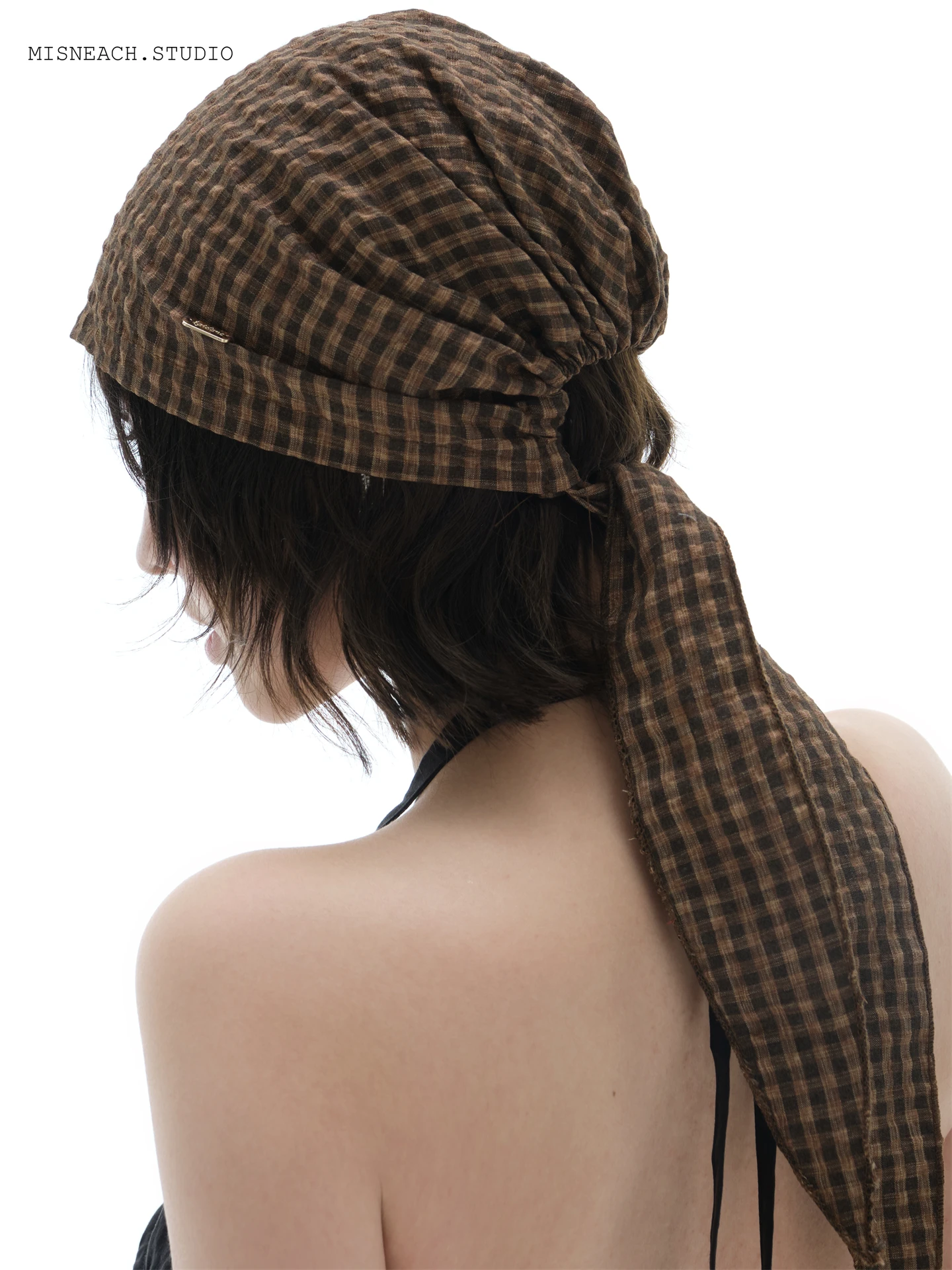 Japanese Retro Plaid Tie Head Cap Thin Summer Breathable Unisex Fashionable Face Slimming Bucket Hat round Top No Brim Cap