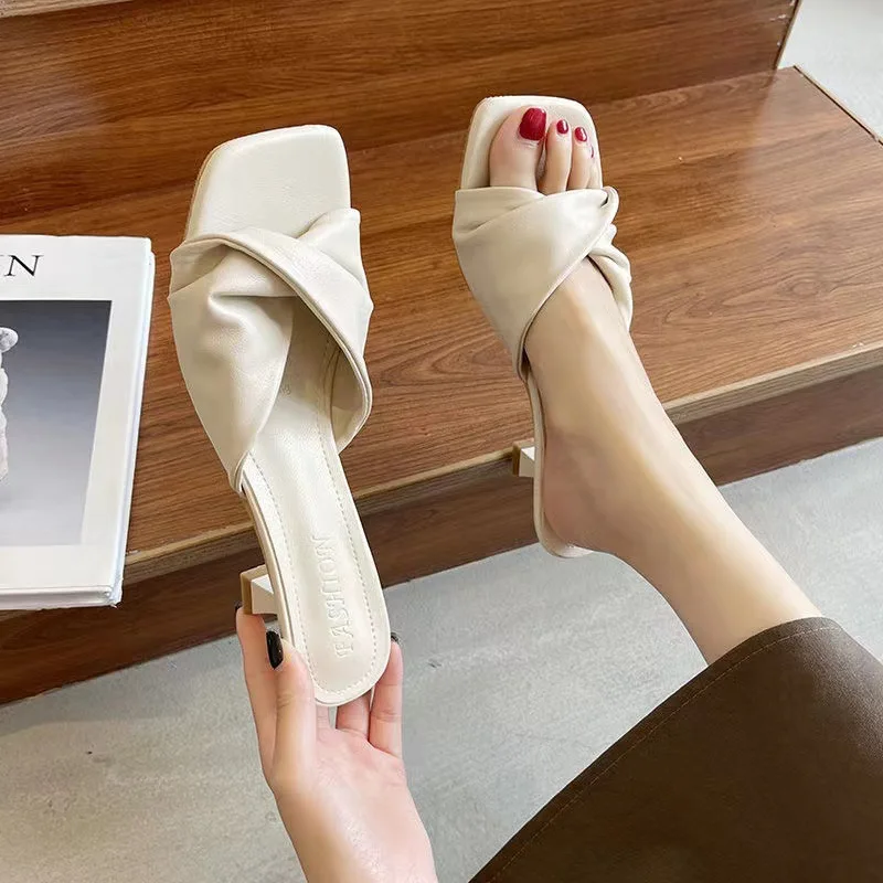 

New Handmade Square Head Open Toe High Heels Shoes Fashion Summer Women Shoes Off White Fashion Slippers zapatos de mujer