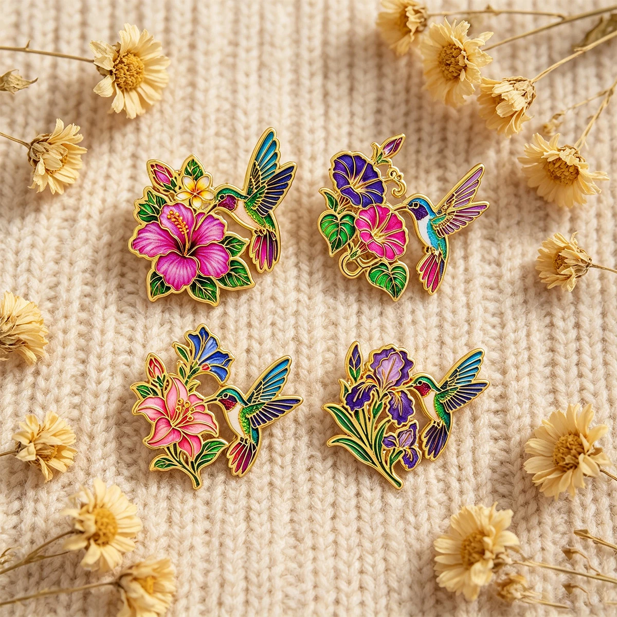 4-teiliges Kolibri-Blumen-Emaille-Pin-Set, niedliche Vogelbrosche für Mantel, Damenbroschen, Kragen- und Reversnadeln, Metallabzeichen, Schmuckgeschenk – Detail 4