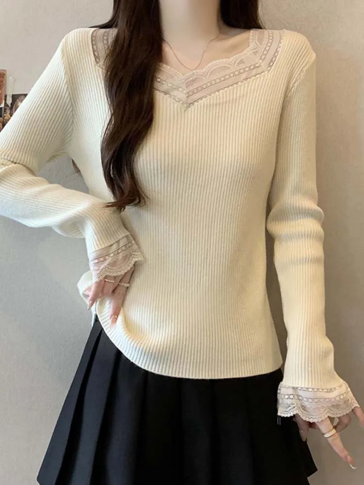 

French Sle Lace Splice V-Ne Long Sve Knitted Sweater Women's Inner Wear plus Size Top Medium Thin Ci Walk Suitable